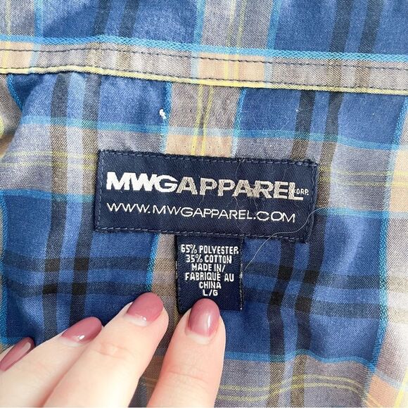 MWG Apparel Western Shirt Men's L Snap-Up Blue Gold Black Plaid Long-Sleeved - Picture 6 of 11